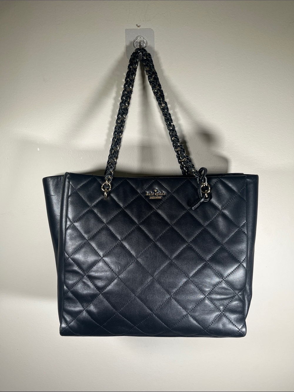 Kate Spade Black Quilted Chain Strap Tote Bag Large Shoulder Purse
